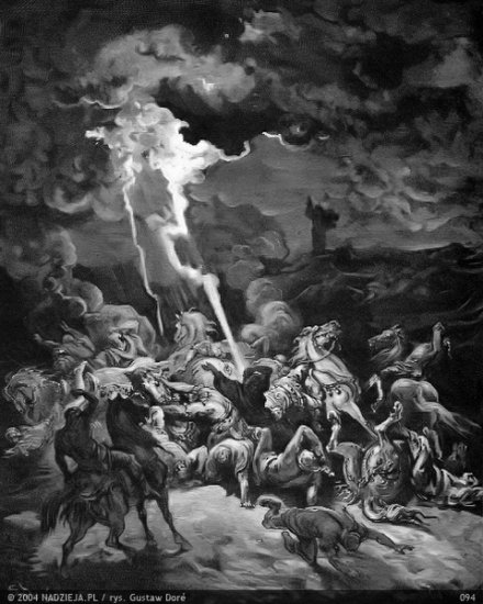 Grafiki Gustawa Dor do Biblii Jakuba Wujka - 094 Eliasz sprowadza pioruny na posłów Ochoziasza 4 Król. 1,10.jpg